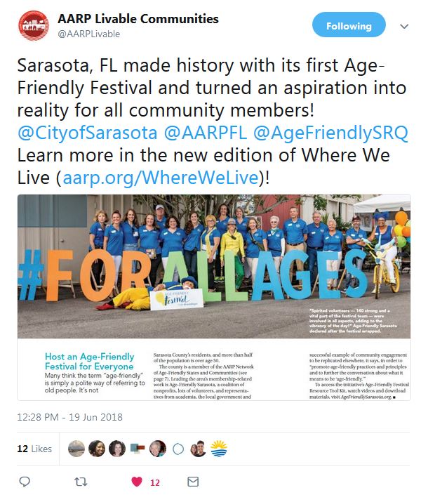 AgeFriendlySRQ's tweet photo. AFS was thrilled to learn that @AARP  featured the #AgeFriendlyFestival, the first of its kind in the nation &amp; a gift to the community funded by @ThePattersonFdn  in @AARPLivable 's Where We Live: Communities #ForAllAges on pages 72-74. @DebraMJacobs   https://t.co/5ejV5UdTTj https://t.co/GUi8cZScJU