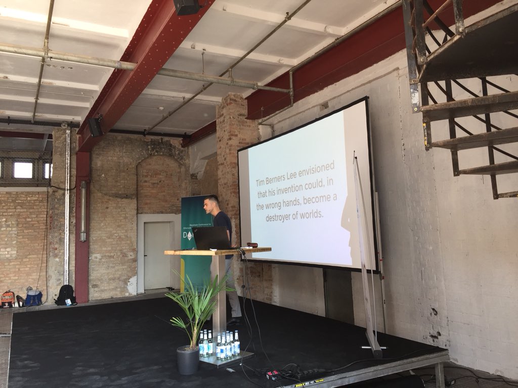 Reeboio's tweet photo. “Tim Berners Lee envisioned that his invention could, in the wrong hands, become a destroyer of worlds.” #DappCon @reto_trinkler @trinkler_sw @timberners_lee https://t.co/WEo62FVp4k