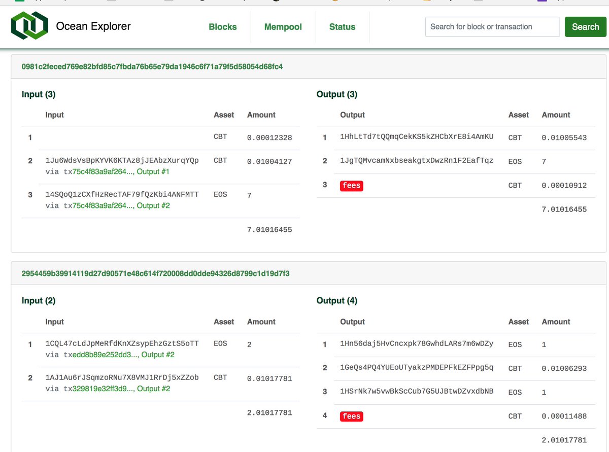 CB's Bitcoin sidechain testnet explorer featuring cross-chain transactions sending $EOS to $CBT wallet (if EOS was pegged), fees paid in $CBT. How this project is staying so unnoticed is crazy. This is literally ninja... cbtexplorer.com #sidechains #atomicswap #eos #btc