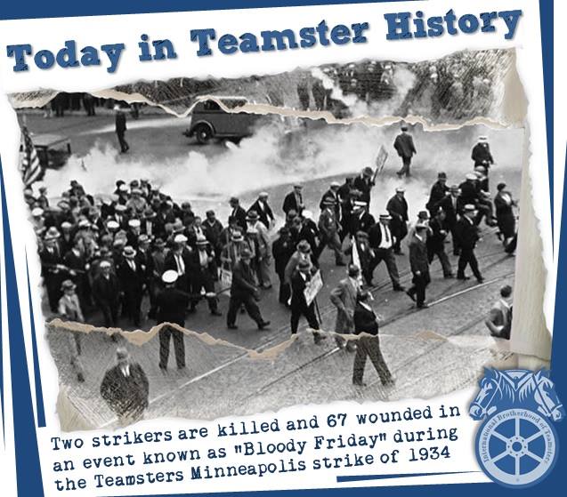 Teamsters's tweet photo. 84 years ago today, a general #strike by #Teamsters in Minneapolis turned violent on "Bloody Friday" as unarmed workers were fired on by police, killing two workers. The strike was a turning point for the labor movement and industrial unionism in the U.S. https://t.co/ieDj8a3PPW https://t.co/qqYAyMYSv4