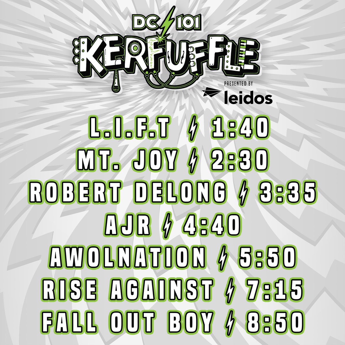 Set times for #Kerfuffle Presented by <a href="/LeidosInc/">Leidos</a>. Doors open at 12:30pm. @FallOutBoy <a href="/riseagainst/">Rise Against</a> <a href="/awolnation/">awolnation</a> <a href="/AJRBrothers/">AJR</a> <a href="/DeLongMusic/">Robert DeLong</a> <a href="/MtJoyBand/">Mt. Joy</a> <a href="/TheRealDeadKids/">ً</a> <a href="/MerriweatherPP/">Merriweather Post Pavilion</a>