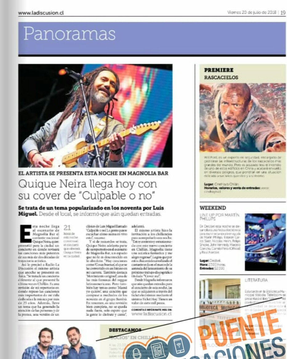 PuenteComunica1's tweet photo. @QuiqueNeira hoy en diario @ladiscusioncl anunciando el concierto de hoy en #MagnoliaBar de #Chillan
@TalulahNeira @cosasbuenasprod
@QuiqueNeiraFans @PuenteComunica1
@CeballosCarola https://t.co/TWKZWJtgz1 https://t.co/BW4KZxn81K