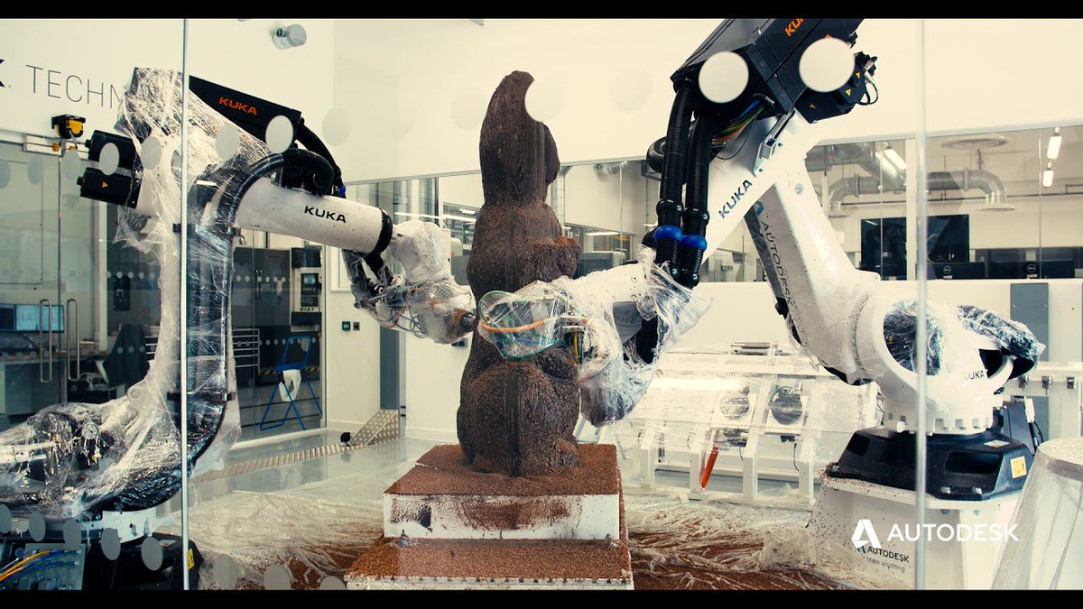 FeatureCAM's tweet image. What would you do with two KUKA Robotics and some Chocolate? Of course, cut a 6ft tall chocolate bunny. 

#powermill #autodesk #autodeskcam #autodeskmfg #instamachinist #kuka #kukarobotics youtube.com/watch?v=faxo-i…