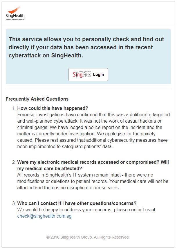 ChannelNewsAsia's tweet photo. Are you a SingHealth patient? The DataCheck service at https://t.co/plAwMXa905 will help you check if your details were compromised.
Here's what you need to know: https://t.co/HsvT4MmOkT https://t.co/NTM9CKkoyL
