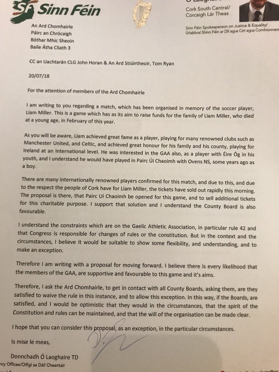 Donnchadhol's tweet photo. I have written to the Ard Chomhairle of the @officialgaa seeking that exception be made, and that the Liam Miller tribute match can be played at Pairc Uí Chaoimh, in the circumstances I believe it is possible, and more than appropriate https://t.co/QdbFfZFxP5