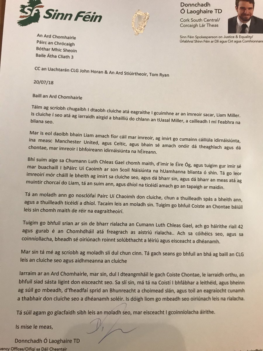 Donnchadhol's tweet photo. I have written to the Ard Chomhairle of the @officialgaa seeking that exception be made, and that the Liam Miller tribute match can be played at Pairc Uí Chaoimh, in the circumstances I believe it is possible, and more than appropriate https://t.co/QdbFfZFxP5