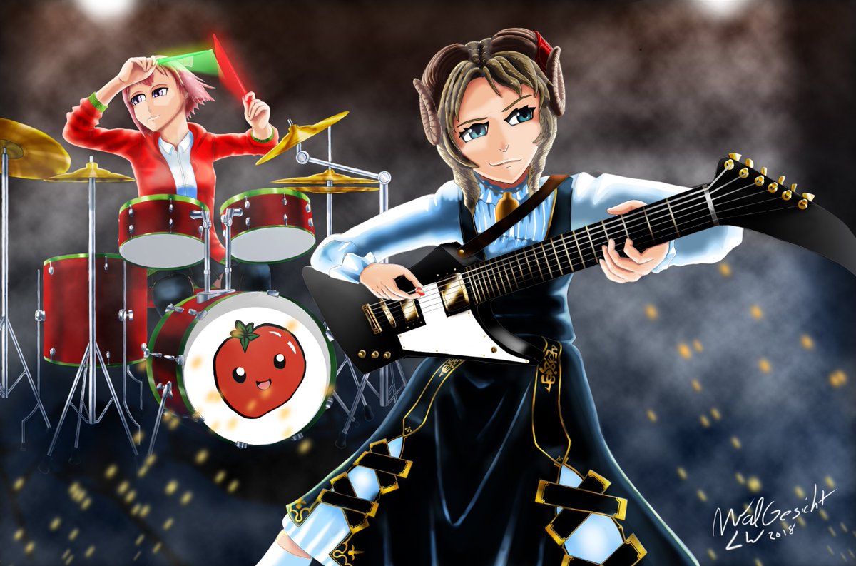 AWhaleWithAFace's tweet photo. The reference may now be lost on most as it's from Jakku's first Twitch stream, but she shouted out to the community to draw her and Ryan rocking out, so I got to work. After a month, here it is! @Jakkuba_VR @Ryan1993uk #RockStarRam #DrumminTomato https://t.co/xLScOYjaly