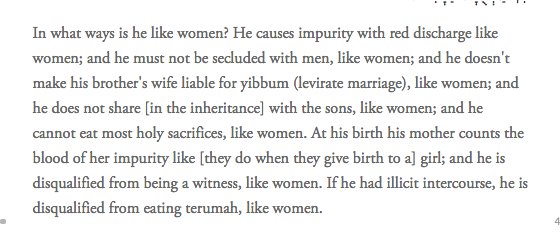 The androginos' "female" legal obligations/way they are treated as female in Jewish law: