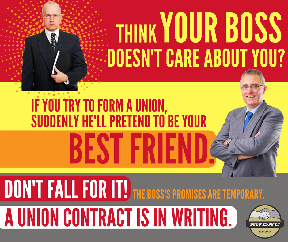 ninski17's tweet photo. RT ALIGNnyStaff "RT RWDSU: The boss's promises are temporary. A union contract is in writing. #1u https://t.co/sCyvib8cwW"