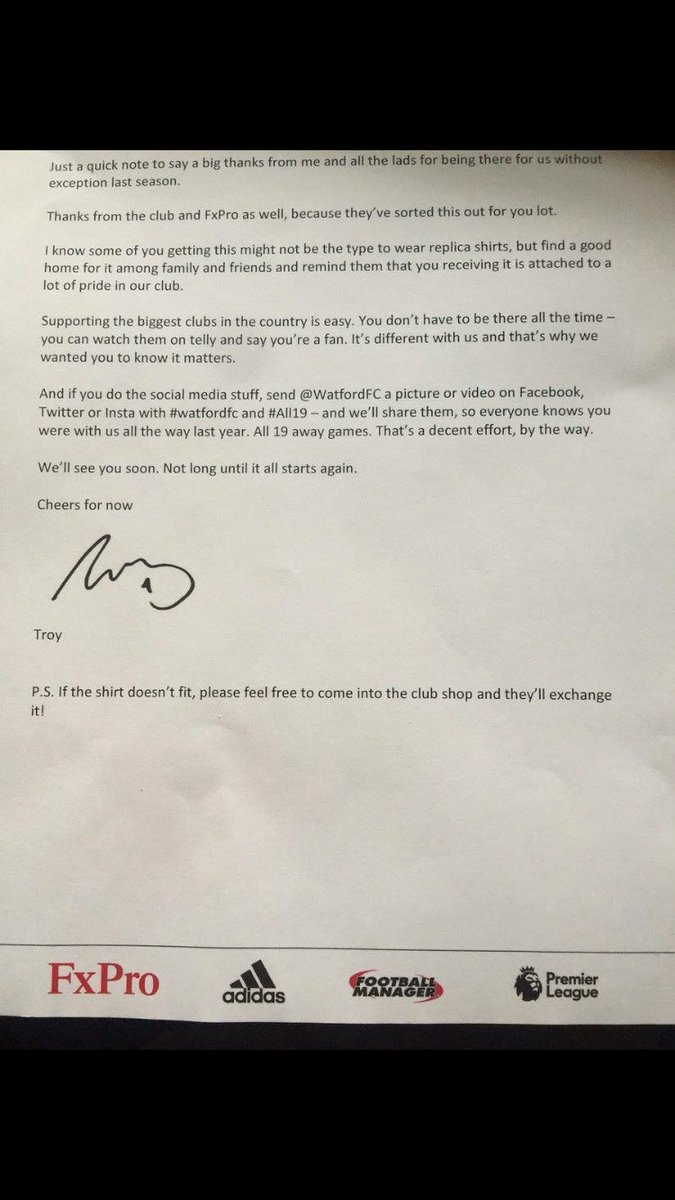 Love this Watford have unveiled their new away kit by sending the shirt to each fan that attended all 19 away games in the 2017/18 season, along with a letter from club captain Troy Deeney 👏🐝

Retweet if you think more clubs should be doing more to reward there most loyal fans