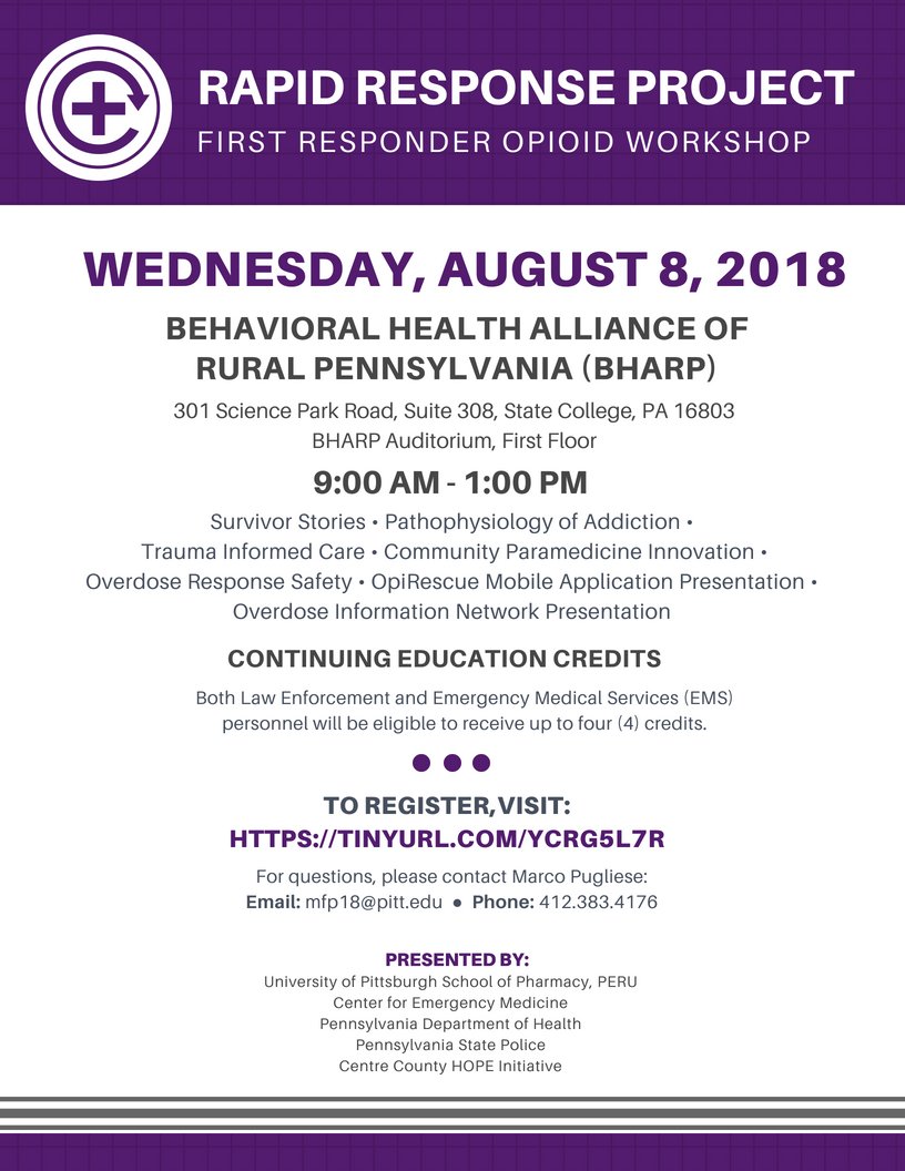 🚨ATTENTION🚨: First Responders, EMS, and Law Enforcement

Please Register for the Rapid Response Project: North Central PA Opioid Workshop. This workshop will take place at State College in Centre County on August 8, 2018!

4 EMS/LE ConEds offered!

TINYURL.COM/YCRG5L7R