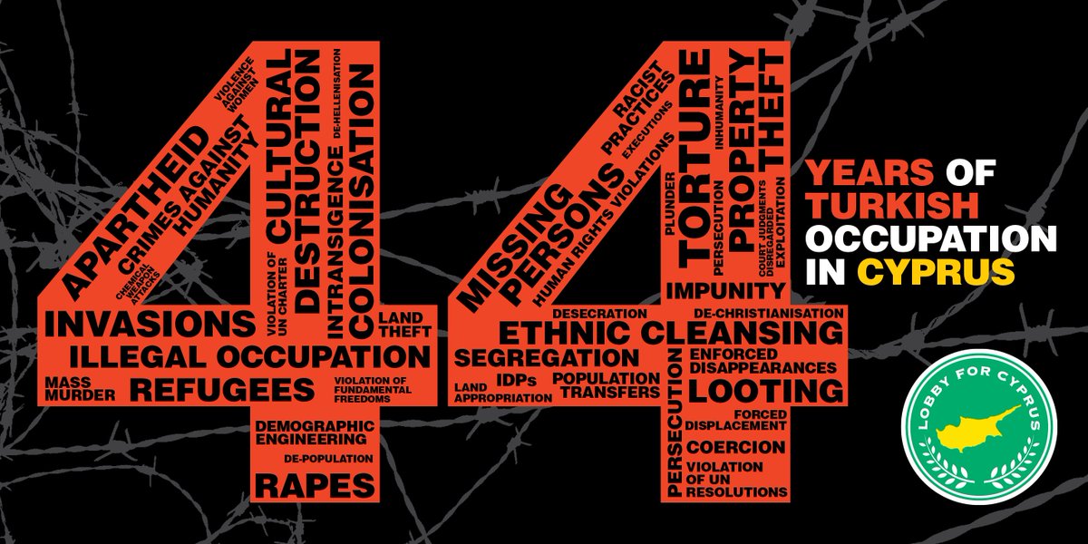 LobbyforCyprus's tweet photo. 1974-2018 The Republic of #Cyprus has endured 44 years of unlawful #Turkish occupation, ethnic cleansing, colonisation, cultural destruction &amp; #apartheid. #Refugees are denied right to return. #Turkey continues to act with impunity. #FreedomForCyprus #TurkishTroopsOut #Δενξεχνώ https://t.co/WpLRGpE9v2