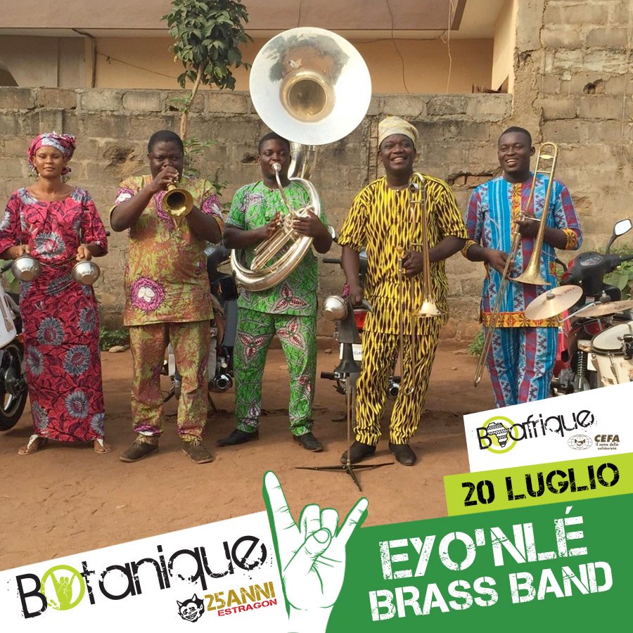 Pentultimo appuntamento della nona edizione del #BOtanique2018 ! 
Facciamo un salto in Africa e scateniamoci insieme al ritmo di #Afrobeat Yoruba, musica highlife del Ghana e #voodoo del Benin.. arriva sul nostro palco la Eyo’nlé Brass Band! Ore 22:00