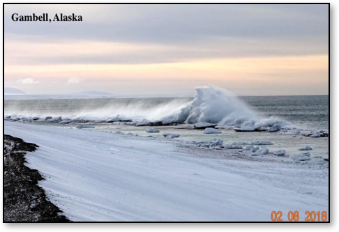 WMO's tweet image. See how declining Bering sea ice impacts Alaska coastal communities. Article by scientists from @NWS in #PolarPrediction Matters. Photo of open water and surf in February 2018 when Alaska seas are typically ice covered by C. Irrigoo Jr.)