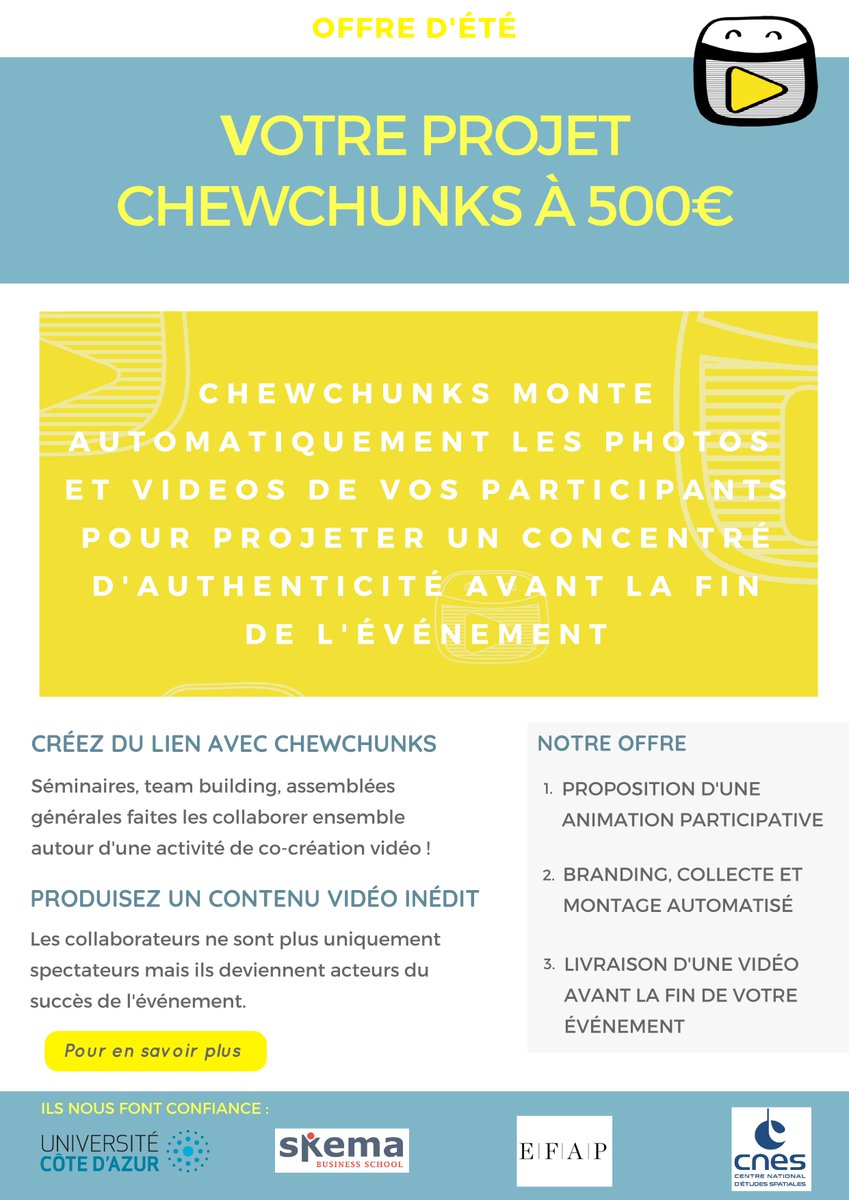 chewchunks's tweet image. Pour bien préparer vos événements #Corporate de la rentrée 👉 nous vous proposons notre offre d&apos;été à 500€ qui inclut : 🙏 une animation vidéo participative déployée en France ou à l&apos;international ...  ⚽️ un montage et une diffusion du résultat avant la fin de l&apos;événement !