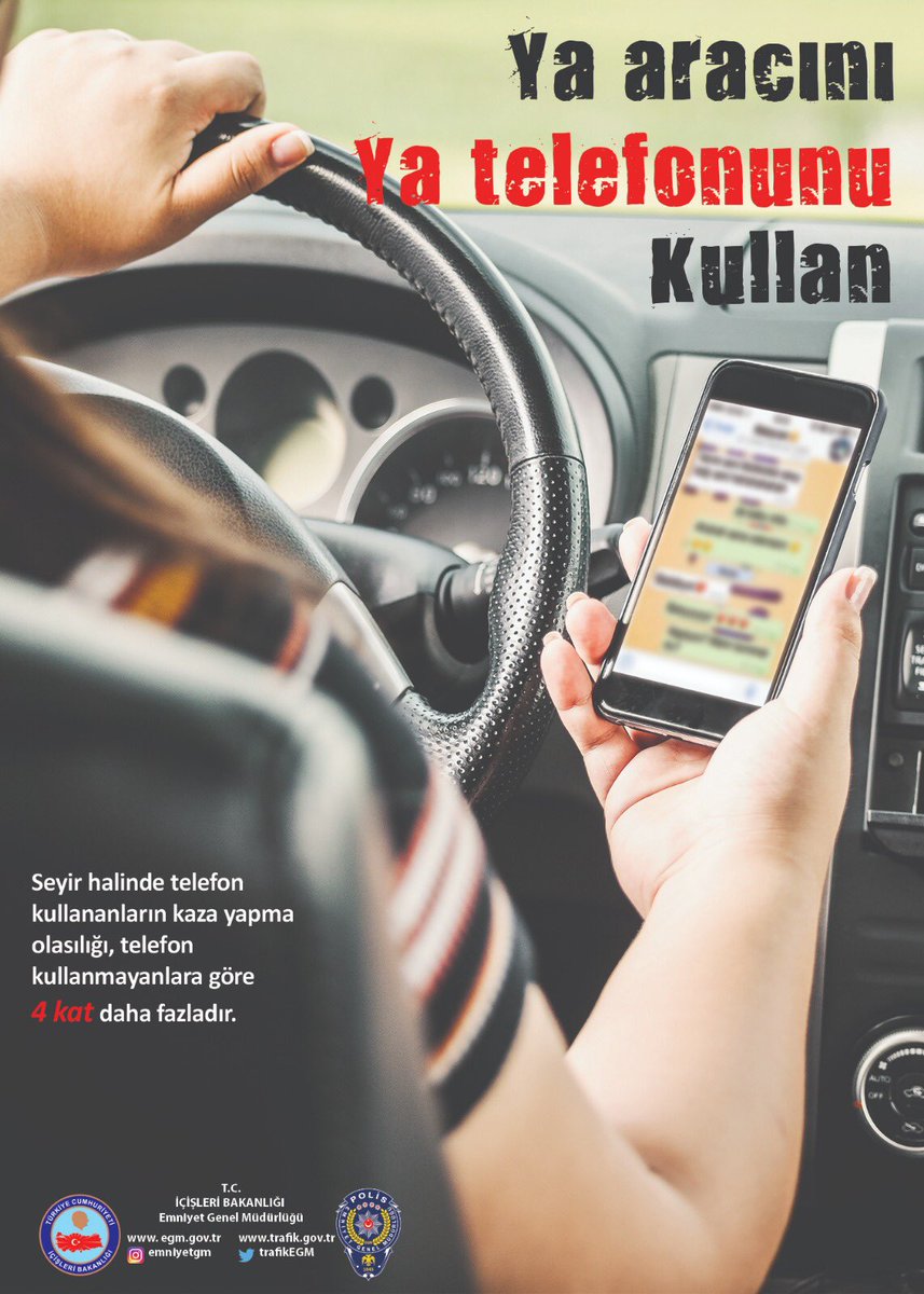 EmniyetGM's tweet photo. Seyir halinde telefon kullananların kaza yapma olasılığı, telefon kullanmayanlara göre 4 kat daha fazladır. https://t.co/xKpNz84Xzn