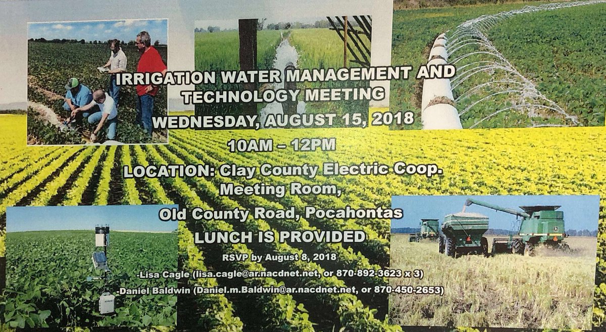 SWAPAE_H_Plnr's tweet photo. Irrigation Water Management and Technology Meeting for Clay Co, Randolph Co, and Lawrence Co AR Producers and Ag professionals. Aug, Wed 15, 2018 in Pocahontas @ClayCountyCD @dmbaldwin2009 #Irrigation, #IrrigationWaterManagment, https://t.co/HnkhtJFswq