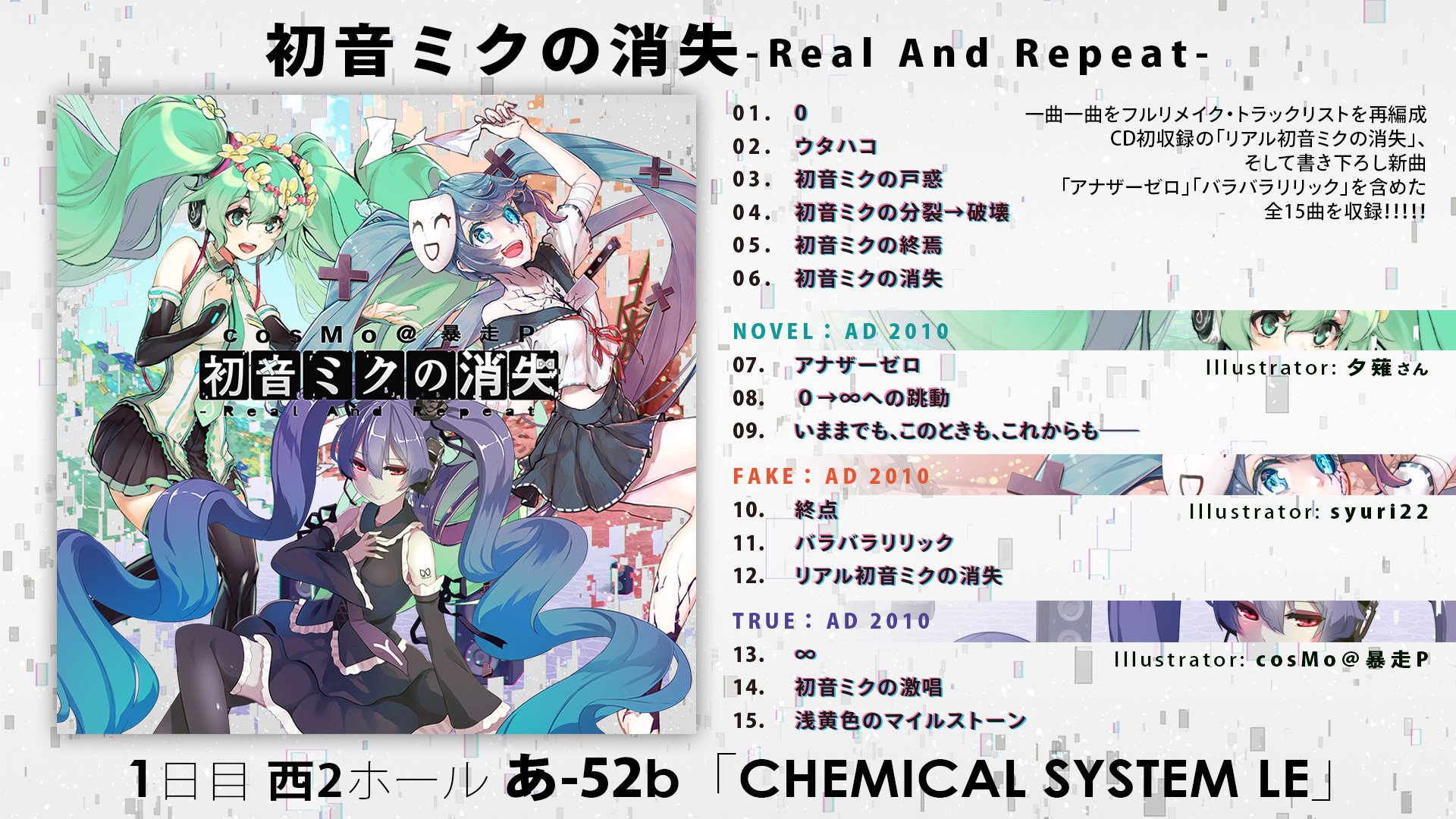 Cosmo 暴走p さんはtwitterを使っています 夏コミの告知 初音ミクの消失 のリメイクアルバム 初音ミクの消失 Real And Repeat を出します 今までyoutubeにアップしてきたリメイク楽曲はもちろん 書き下ろし曲も収録した全１５曲です 超気合い入れて