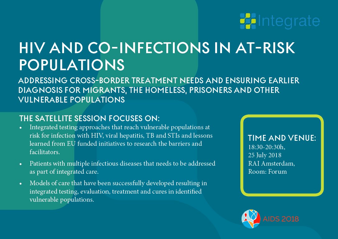IntegrateJA's tweet photo. The #IntegrateJA Symposium will take place on July 25 at the RAI Amsterdam Convention center,Room Forumโ๏ธ18.30. This satellite event of @AIDS_conference will focus on integrated testing and care for #HIV,#HepC,#TB & #STIs and the lessons learned from ๐ช๐บ#EU-funded initiatives. https://t.co/lwDouWabeM