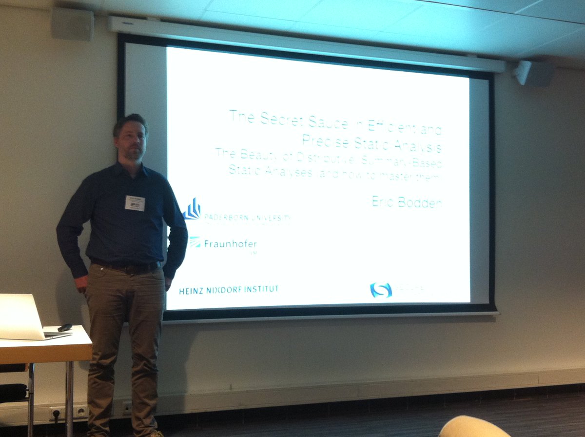 lisa_nqd's tweet photo. The Secret Sauce in Efficient and Precise Static Analysis: @profbodden explaining his trade secrets at #soap18 @FraunhoferIEM @CompScience_UPB #issta18 #ecoop18 https://t.co/VawS3QcVto