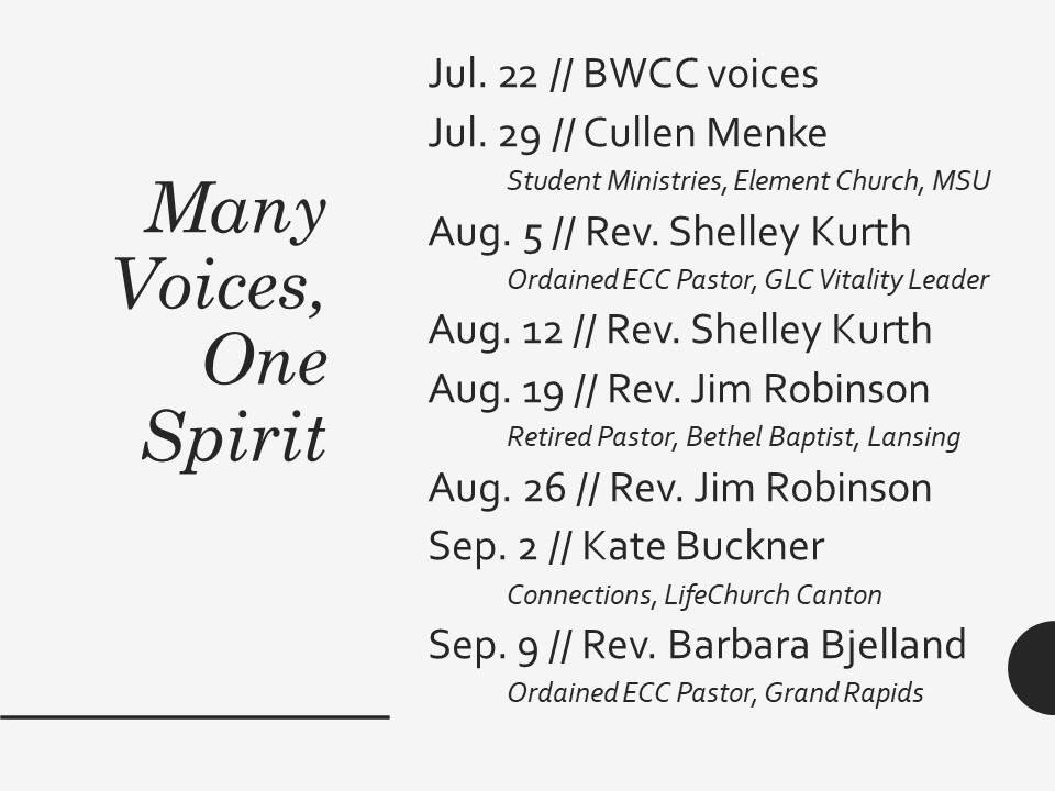 BWCCLansing's tweet photo. Pastor Andrew begins an eight week Sabbatical Renewal break today, and will return to Sunday worship on September 16. Until then, you will receive the ministry of many gifted teachers and pastors! #ManyVoicesOneSpirit https://t.co/L5PsL47mUr