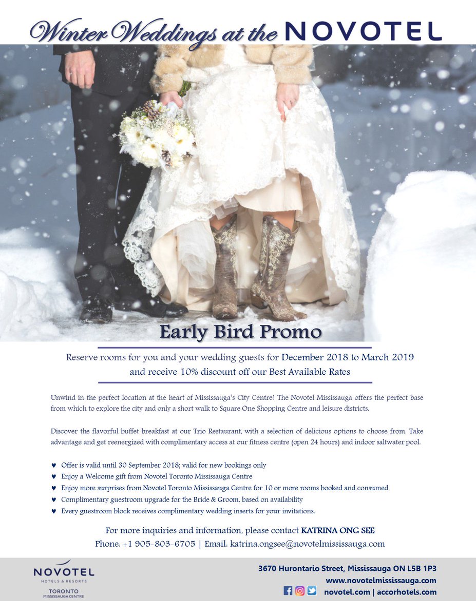Winter Weddings at the Novotel | Reserve rooms for you and your Wedding guests for December 2018 to March 2019, and receive 10% discount off our Best Available Rates! For more inquiries and information, please contact Katrina Ong See at (905) 803-6705.
