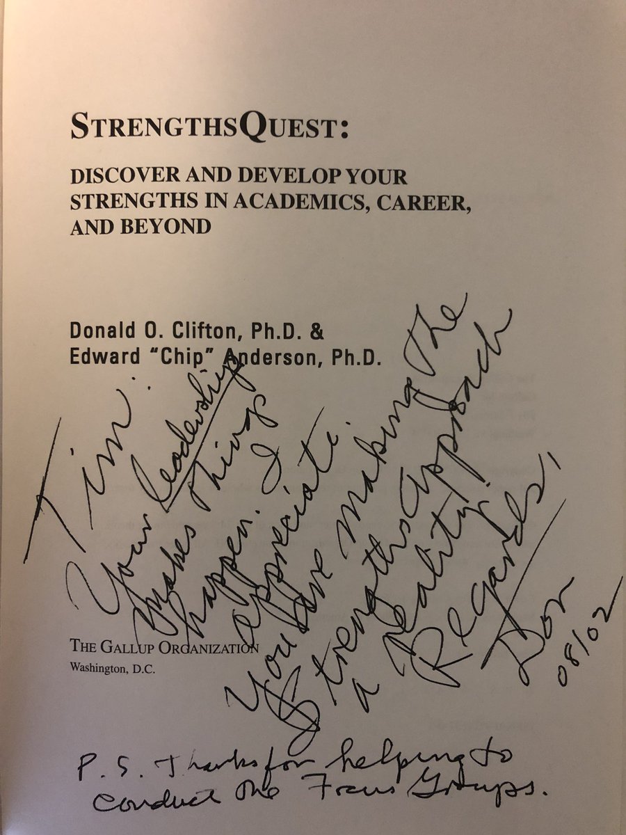 TimHodges402's tweet photo. I was looking for something this morning and came across an old copy of @StrengthsQuest with this written on the inside cover. I know there’s a new version of the book but I think I’ll keep this one around. #CliftonStrengths34 #GallupCSS #CliftonStrengths https://t.co/VkcCvHqX5Y