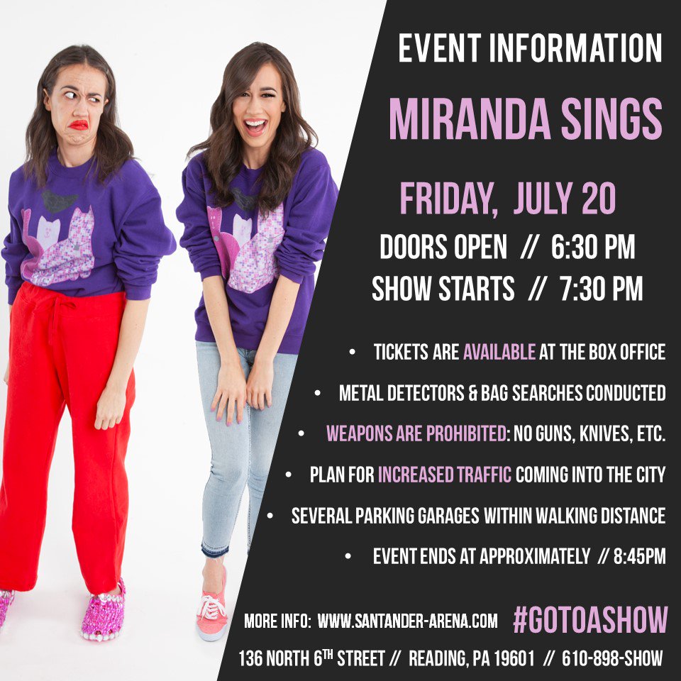 Santander_Arena's tweet image. Guess who&apos;s returning to the Santander Performing Arts Center in Reading, PA tonight?! @MirandaSings with special guest @ColleenB123! 😍☺️ Tickets are available at the box office or online at Ticketmaster: goo.gl/oaqdzv