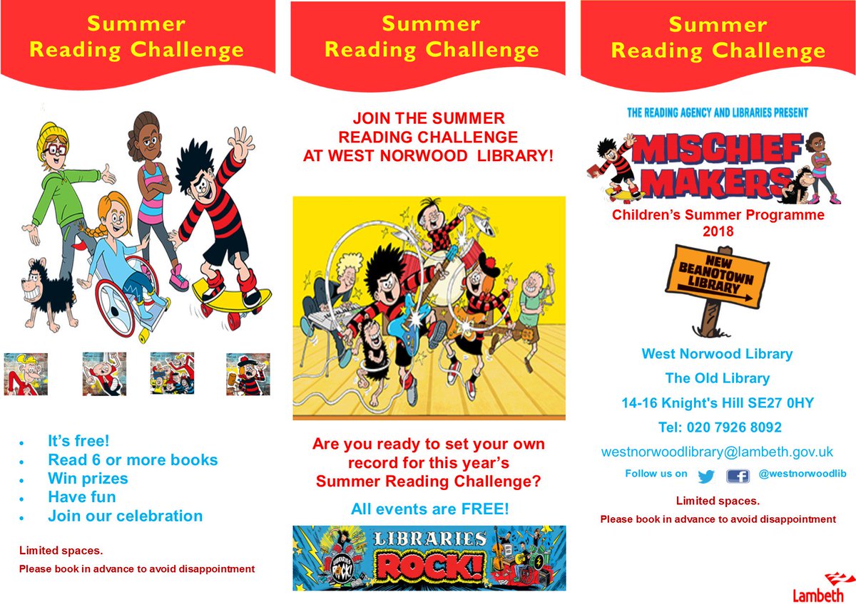 wnorwoodlibrary's tweet photo. Calling all Cool SE27 children aged 1 - 12 to join our Summer Reading Challenge -The Mischief Makers. We have some exciting activities & great prizes - the more you read the more prizes you get! #SE27Parents #WestNorwoodlocal #LambethLibs #westnorwood247 #WestNorwoodNews https://t.co/G7Ose3YMEb