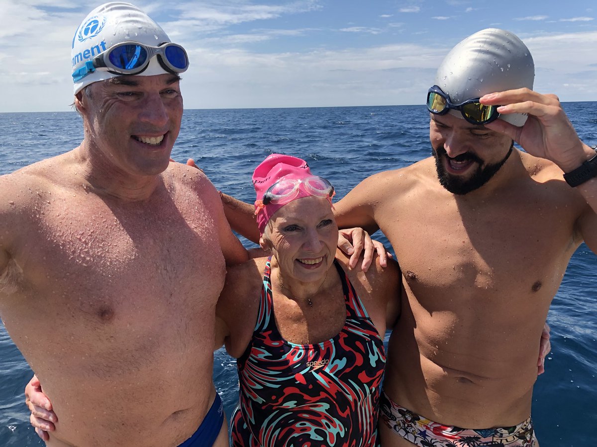 LewisPugh's tweet photo. Today I had the pleasure of swimming with Argentinian ace Matias Ola, and Jackie Cobell, who holds the record for the the longest Channel crossing. #TheLongSwim https://t.co/krckXfGf8J