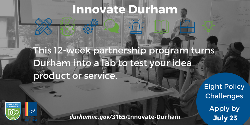 DurhamCounty's tweet photo. Innovate Durham applications are still open, but not for much longer!! Applications close Monday, July 23rd @ 5 PM.

More here: https://t.co/OkpXWNIWjX https://t.co/sgMxyimb94