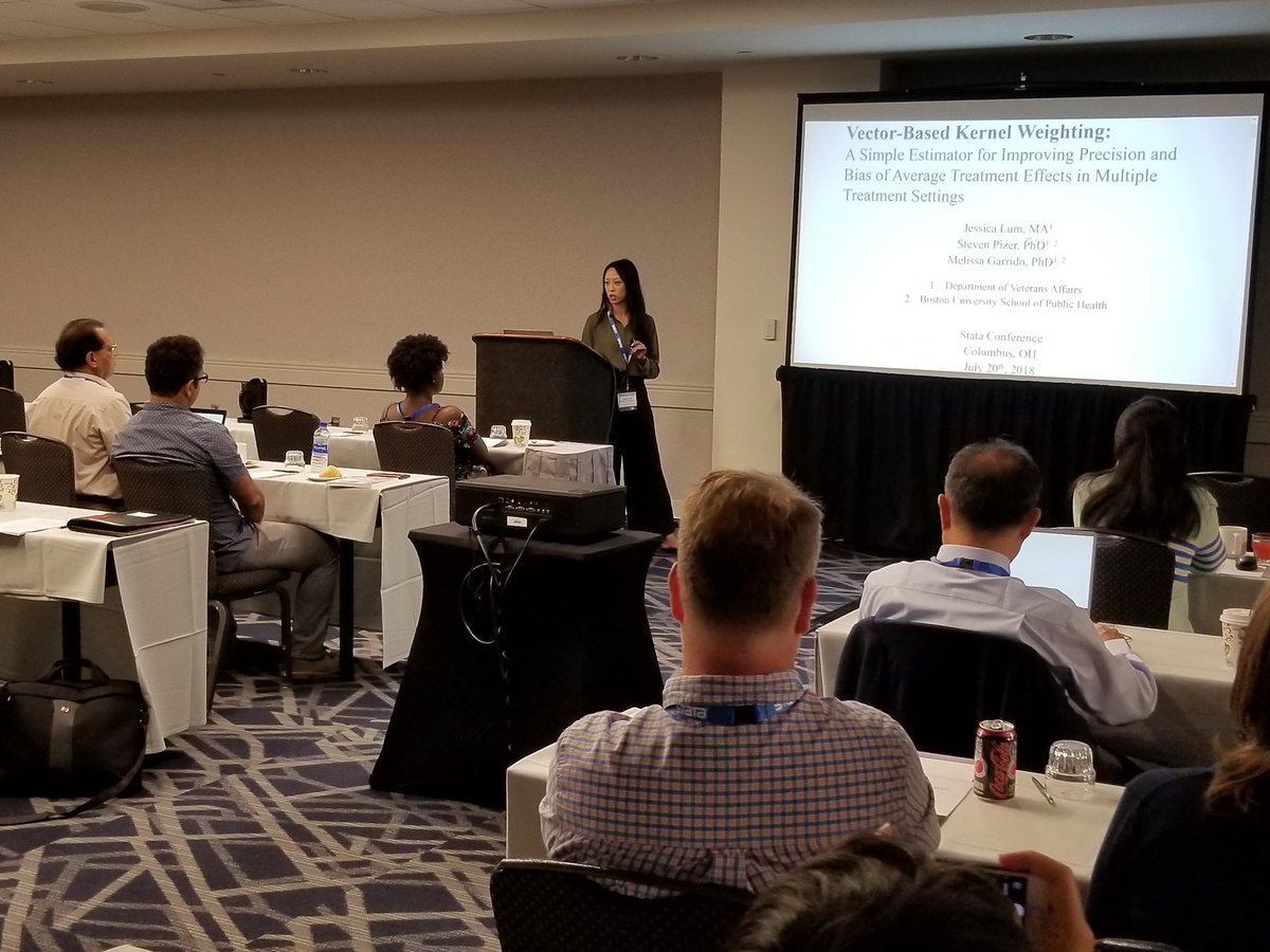 Stata's tweet photo. Jessica Lum from @DeptVetAffairs presenting vector-based kernel weighting. A simple estimator for improving precision and bias of average treatment effects in multiple treatment settings. #Stata2018 https://t.co/ZHrMcGUX0H