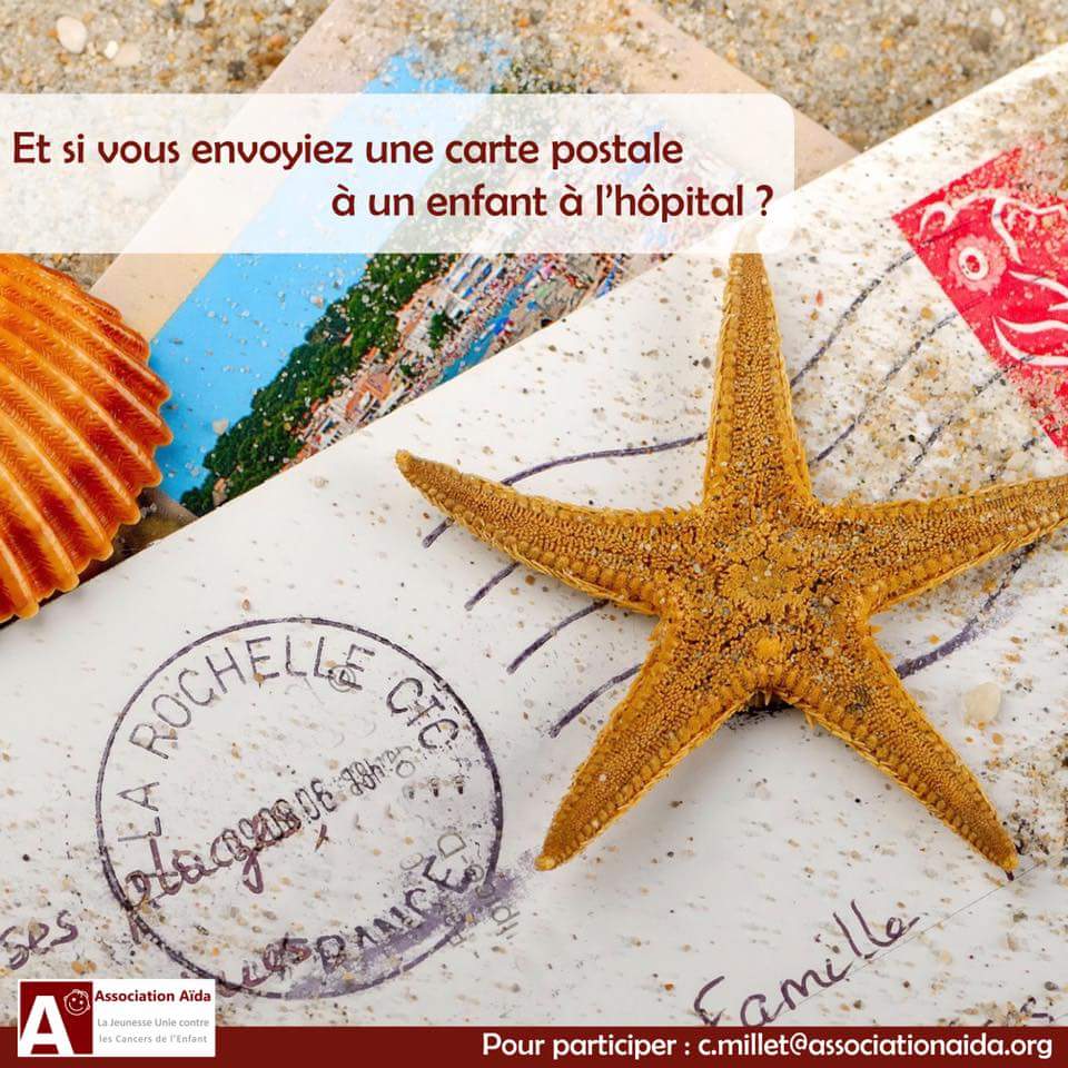 ☀️ Du 20 Juillet au 20 Août, Participez à notre opération Cartes Postales à l’hôpital !

✏️ Le concept est simple : envoyez une carte postale à l’hôpital à un enfant ou un adolescent atteint de cancer. 

💐 Pour participer, contactez Céleste sur c.millet@associationaida.org.