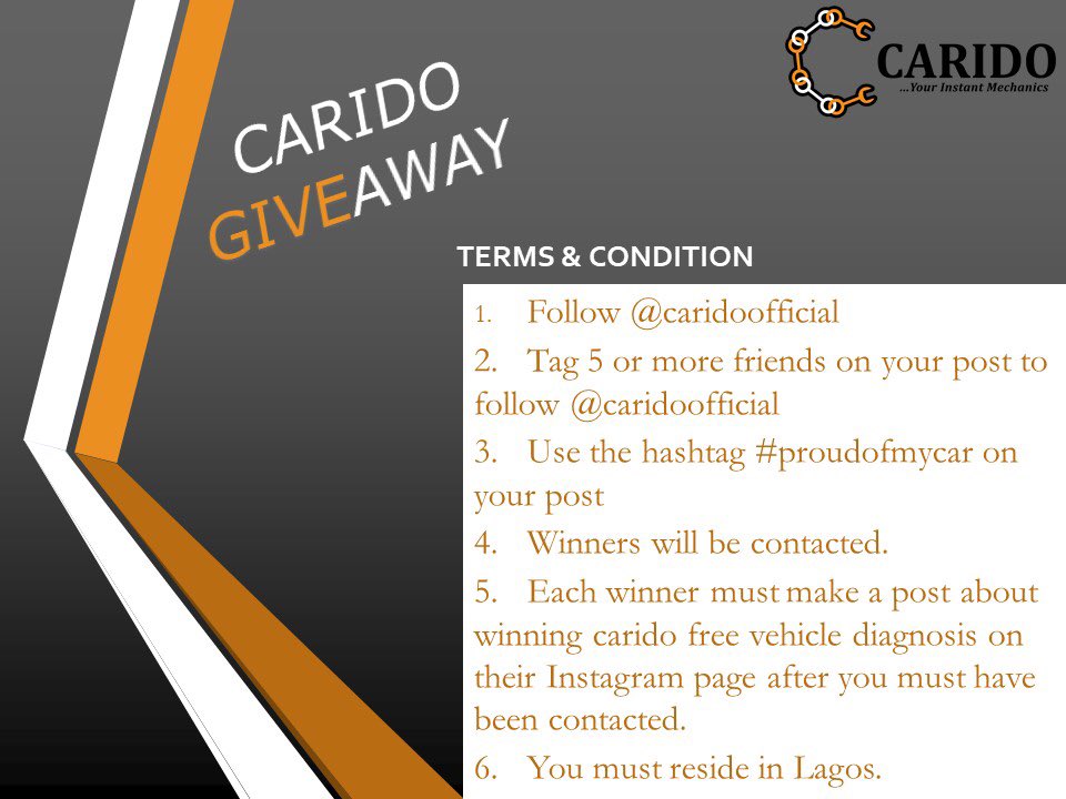 Caridoofficial's tweet image. CARIDO GIVEAWAY TERMS AND CONDITION 
#carido #yourinstantmechanics #proudofmycar