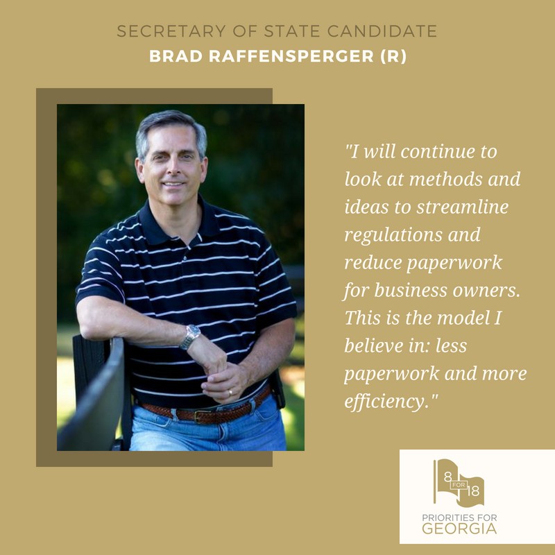 GAChamber's tweet image. Visit 8for18.com to see how Brad Raffensperger, candidate for Secretary of State, responded to the Georgia Chamber Candidate Questionnaire! #BestForbiz #gapol #SmallBizSuccess