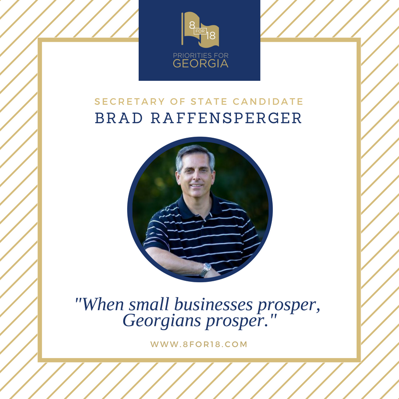 GAChamber's tweet image. Visit 8for18.com to see how Brad Raffensperger, candidate for Secretary of State, responded to the Georgia Chamber Candidate Questionnaire! #BestForbiz #gapol #SmallBizSuccess
