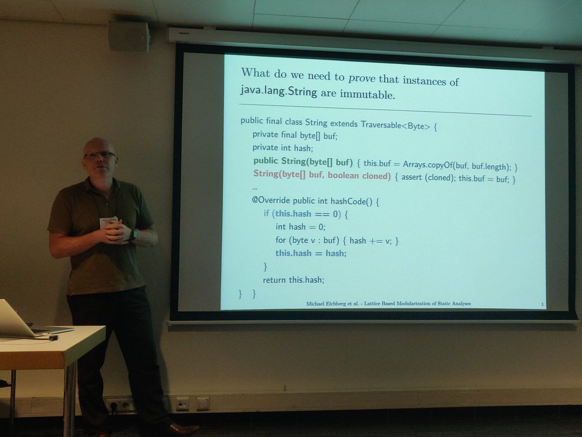 SOAP_Workshop's tweet photo. Right now @MichaelEichberg is closing the session with his talk on lattice-based modularization of static analyses at #SOAP18 . https://t.co/rnQimWpwtF