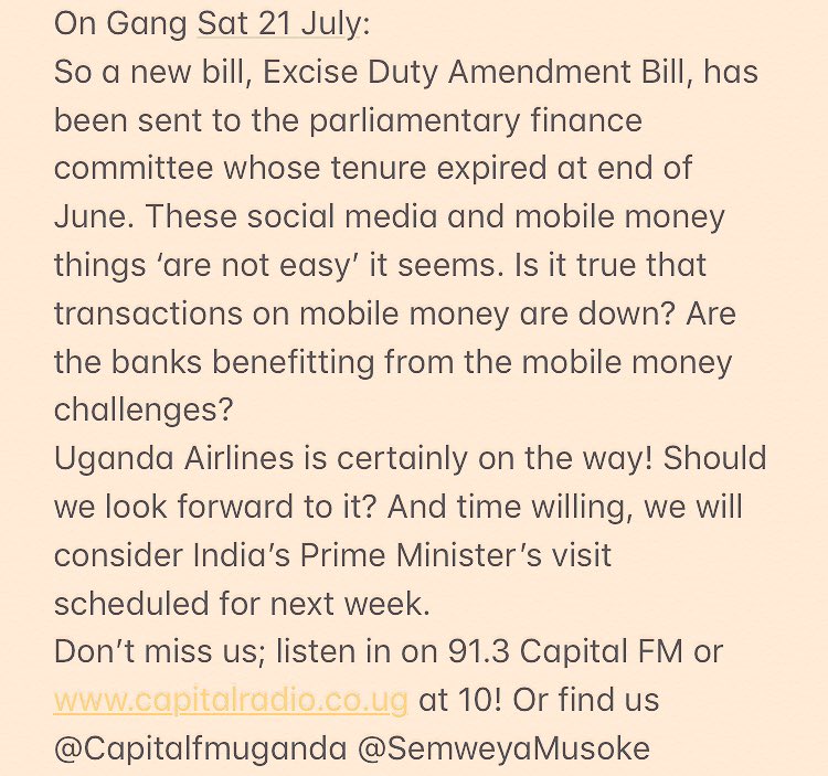 SemweyaMusoke's tweet photo. Listen in on @capitalfmuganda tomorrow at 10am-12pm as we discuss #UgandaAirlines #SocialMediaTax #MobileMoneyTax and a new bill, Excise Duty Amendment Bill that has been sent to the parliamentary finance committee whose tenure expires at the end of June! https://t.co/yBGGZzeEYe
