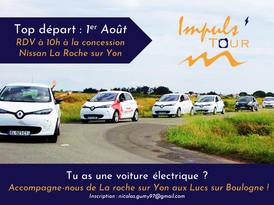 ImpulsTour2018's tweet photo. ⚡J-12⚡
Le 1er Août 2018, RDV à 10h à la concession Nissan Jean Rouyer Automobiles de La Roche sur Yon pour le Grand Départ... 
Venez comme vous êtes... ou en voiture électrique ! 🌿
Merci à @TVE et au @SyDEV_85 pour la mobilisation ! https://t.co/xp0pkHqD1y