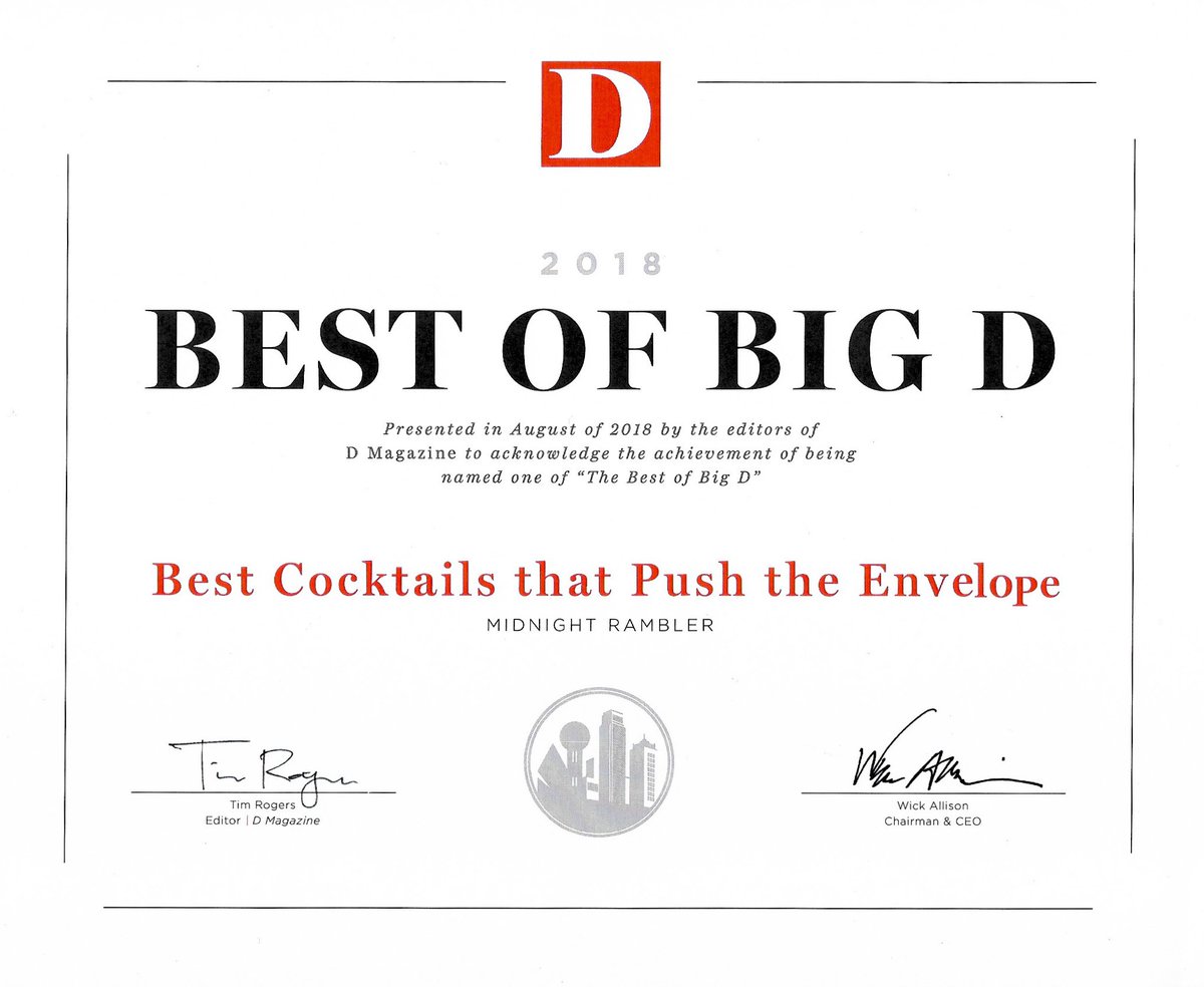 RamblerBar's tweet photo. Hey #Dallas! #BestOFBigD awards are out &amp; we are a #winner for "Best Cocktails That Push the Envelope" It's a mouthful, so now you probably need a drink! Come down &amp; have one at #MidnightRamblerBar &amp; many thanks to @DMagazine for making us blush #craftcocktails #bestof #thanks https://t.co/GTS1Q9RjIN