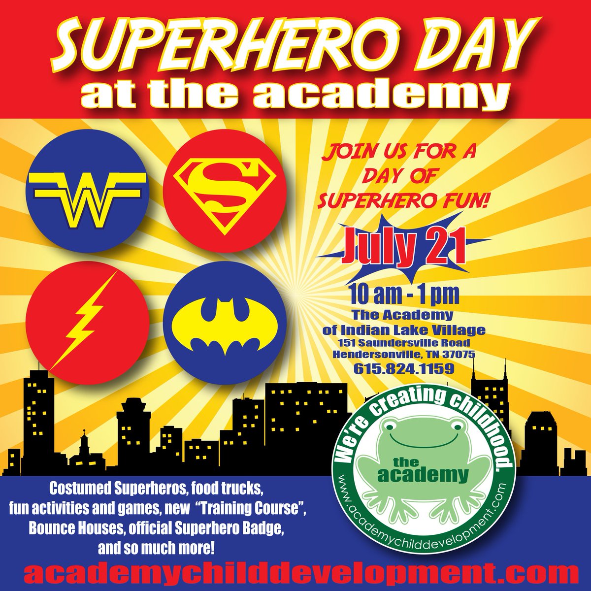 growlearnplay's tweet photo. Don't forget! Tomorrow 10-1 is our amazing #SuperheroDay at The Academy of Indian Lake Village in #HendersonvilleTN. We can't wait to see you at this fun, #FREE event with amazing games, food trucks, a new and improved obstacle course, costumed superheroes, and so much more. https://t.co/5vK51j8v04