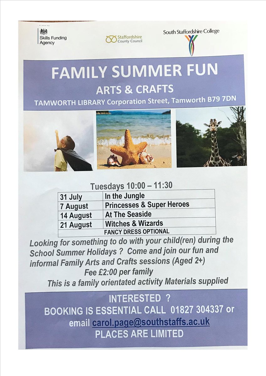 StaffsLibraries's tweet photo. Join our colleagues from @southstaffs at #TamworthLibrary for #FamilySummerFun #Art&amp;Crafts booking is essential for more information please click the following link carol.page@southstaffs.ac.uk there is a charge of £2.00 per family on the day. @TArtsandEvents @TAMinformed https://t.co/m53vEC6i2v
