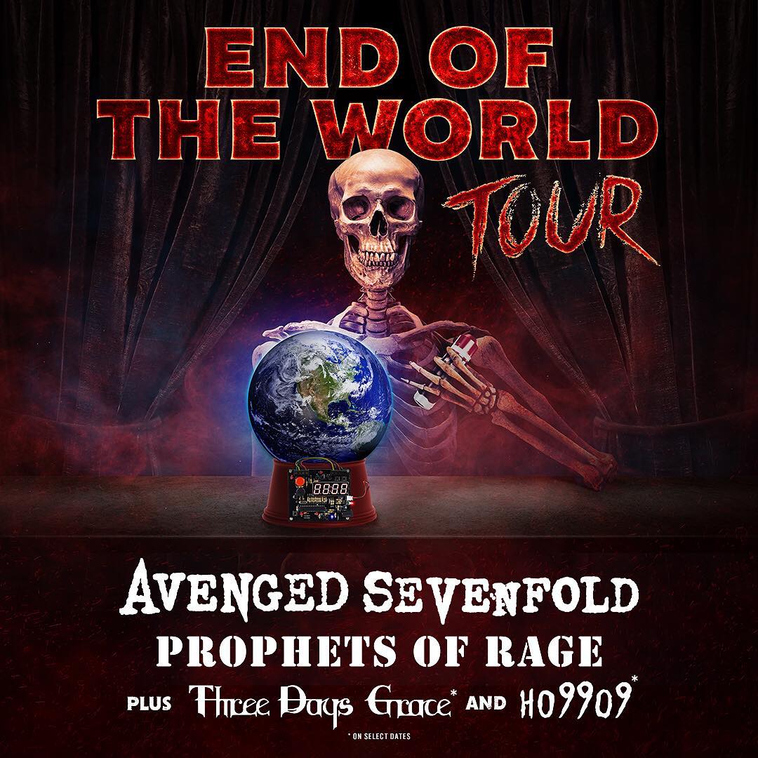 .<a href="/TheOfficialA7X/">Avenged Sevenfold</a>’s End Of The World Tour with @ProphetsofRage and Three Days Grace will be cancelled, as A7X’s lead singer M. Shadows is recovering from a damaged vocal cord. We wish him a speedy recovery! And we will see our U.S. fans soon! More details: threedaysgrace.com/news/453733/a7…