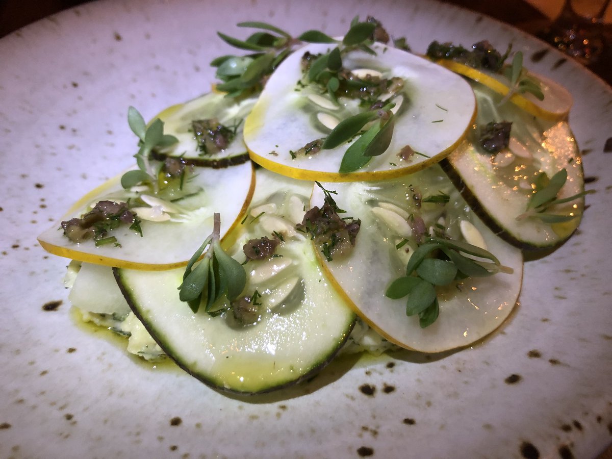 Five cucumber skordalia with a potato &amp; caper &amp; pine nut purée, and a fermented olive vinaigrette from <a href="/therusticcanyon/">Rustic Canyon</a> <a href="/chefjeremyfox/">jeremy fox</a>  ...