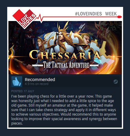 ChessariaGame's tweet photo. Last day to Follow &amp; RT for a chance to win a key for @ChessariaGame!
Thank you for the reviews you left us during this all week! ❤  #loveindies #indiedev #gamedev #giveaway https://t.co/XnZDz8oB4E