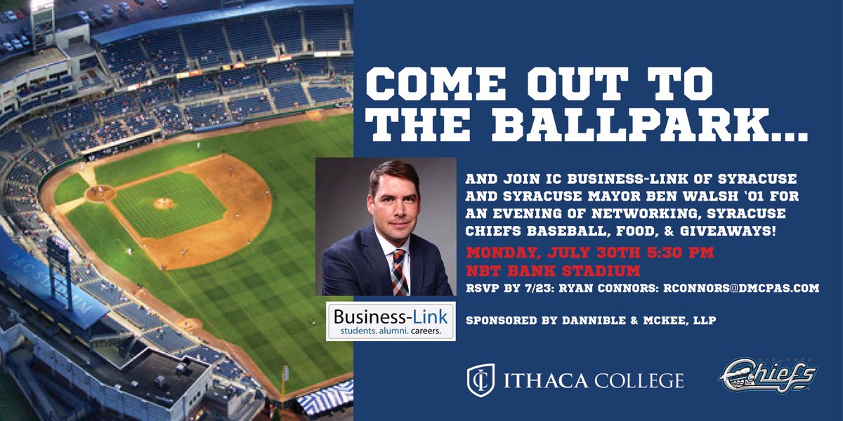 ICBusLink's tweet photo. Join us on July 30th as IC alum Syracuse Mayor Ben Walsh ‘01 throws out the first pitch at our IC Business-Link of Syracuse event at NBT Bank Stadium! Come connect with IC alumni and students. Food and drinks at 5:30 pm. RSVP by 7/23. #ICaHomeRun #LinkedWithWalsh #IthacaCollege https://t.co/XyjRhW99q8