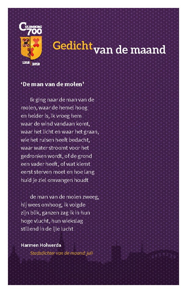 Het gedicht van deze maand 'Man van de Molen' is geschreven door Harmen Holwerda. #culemborg700