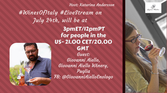 #WinesOfItaly #LiveStream is going back to #Puglia on

👉 Tue, July 24th, at 21.00CEST / 3pmEDT  

My guest is #GiovanniAiello - oenologist & wine producer
*
*  
👉 Join us at FB at bit.ly/2Nz8v2d 
@winestudioTINA @RadicidelSud