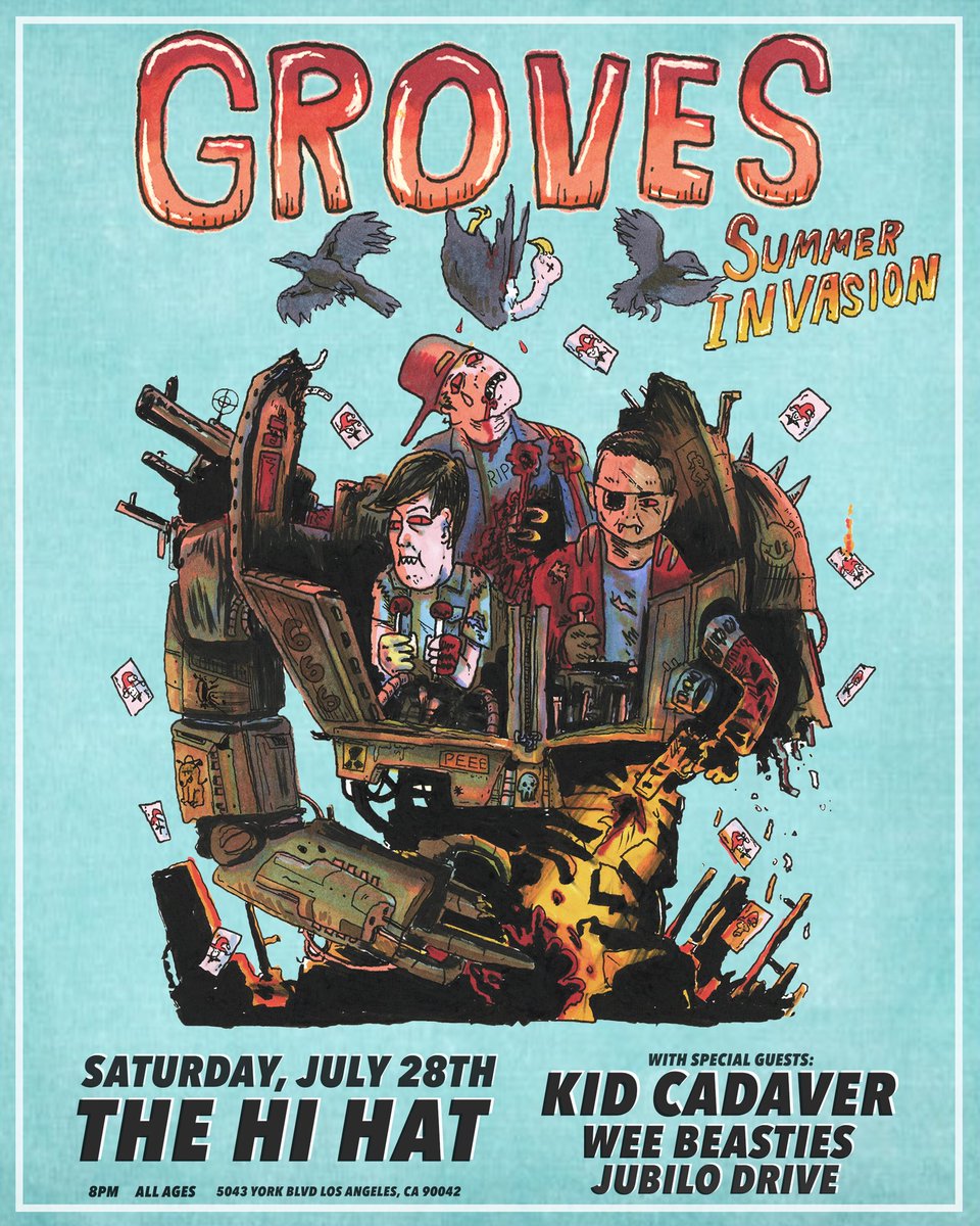 ONE WEEK!!! <a href="/theHiHatLA/">The Hi Hat</a> 

<a href="/kidcadaver/">Kid Cadaver</a> <a href="/weebeastiesband/">Wee Beasties</a> @JubiloDrive 

tix: smarturl.it/GROVESsummerin…