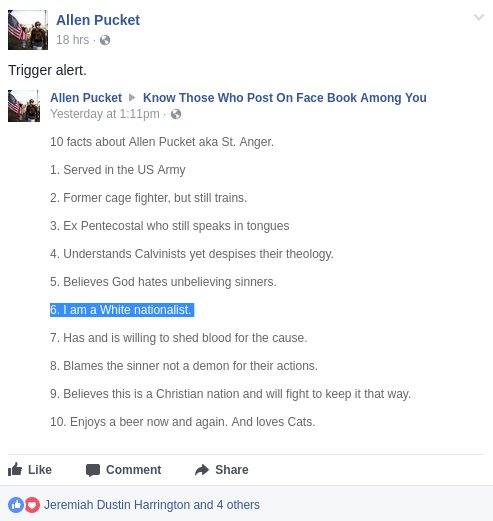 Extremely violent avowed white nationalist Allen Pucket, who has frequently helped neo-Nazis to assault activists, is one of Joey Gibson's most steadfast supporters. Gibson has accompanied him to incite violence against Portlanders at  #PridePDX  https://rosecityantifa.org/articles/allen-pucket/